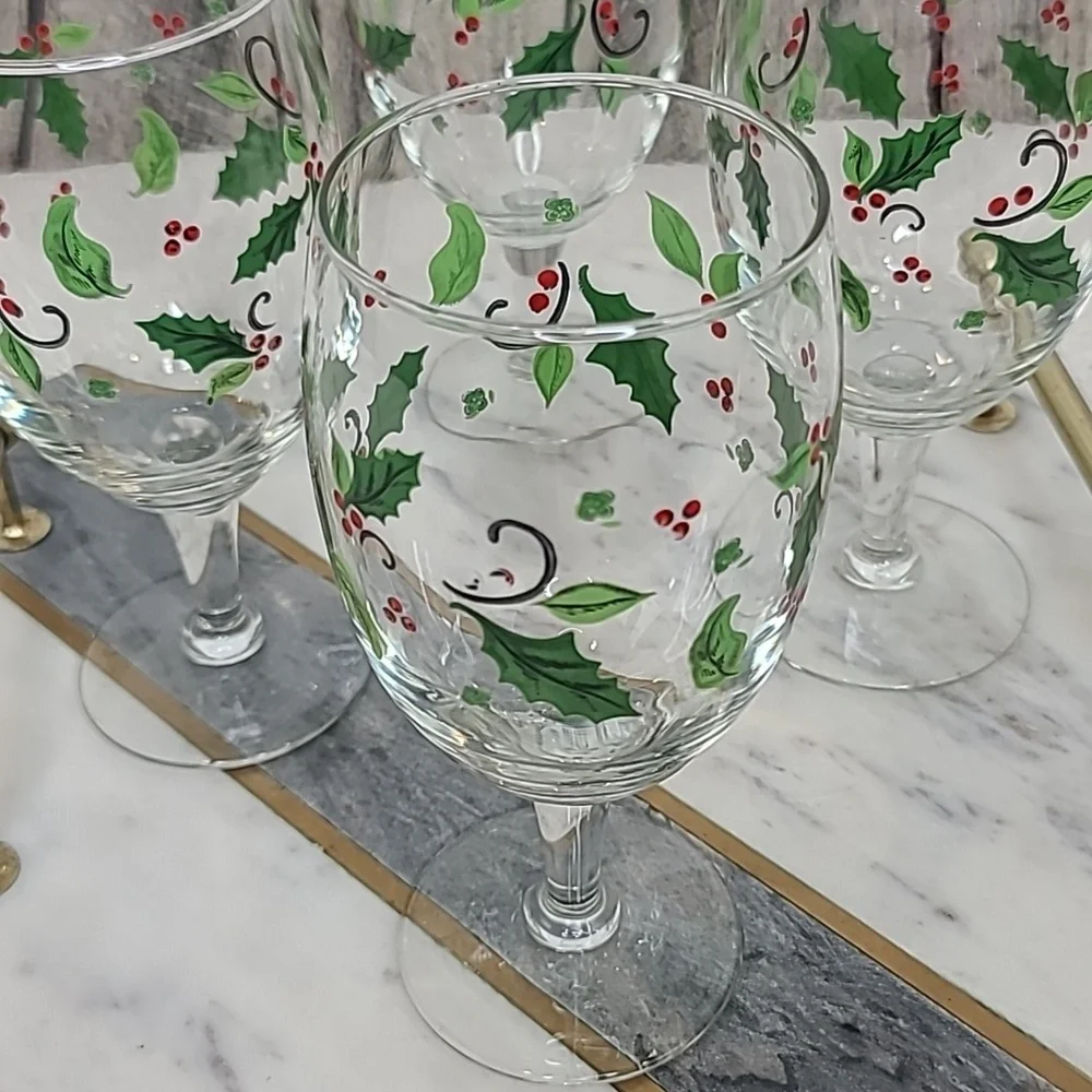 Libbey Vintage Holiday Holly Iced Tea Glass/Goblets Set of 4 (Four) Green/Red